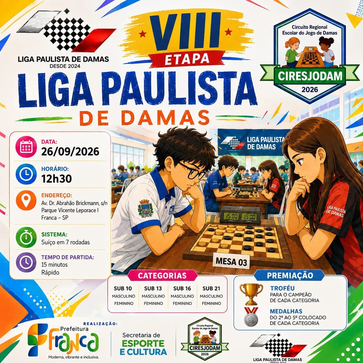 Flyer do Evento - VIII Etapa Liga Paulista de Damas - III Etapa Ciresjodam - Franca